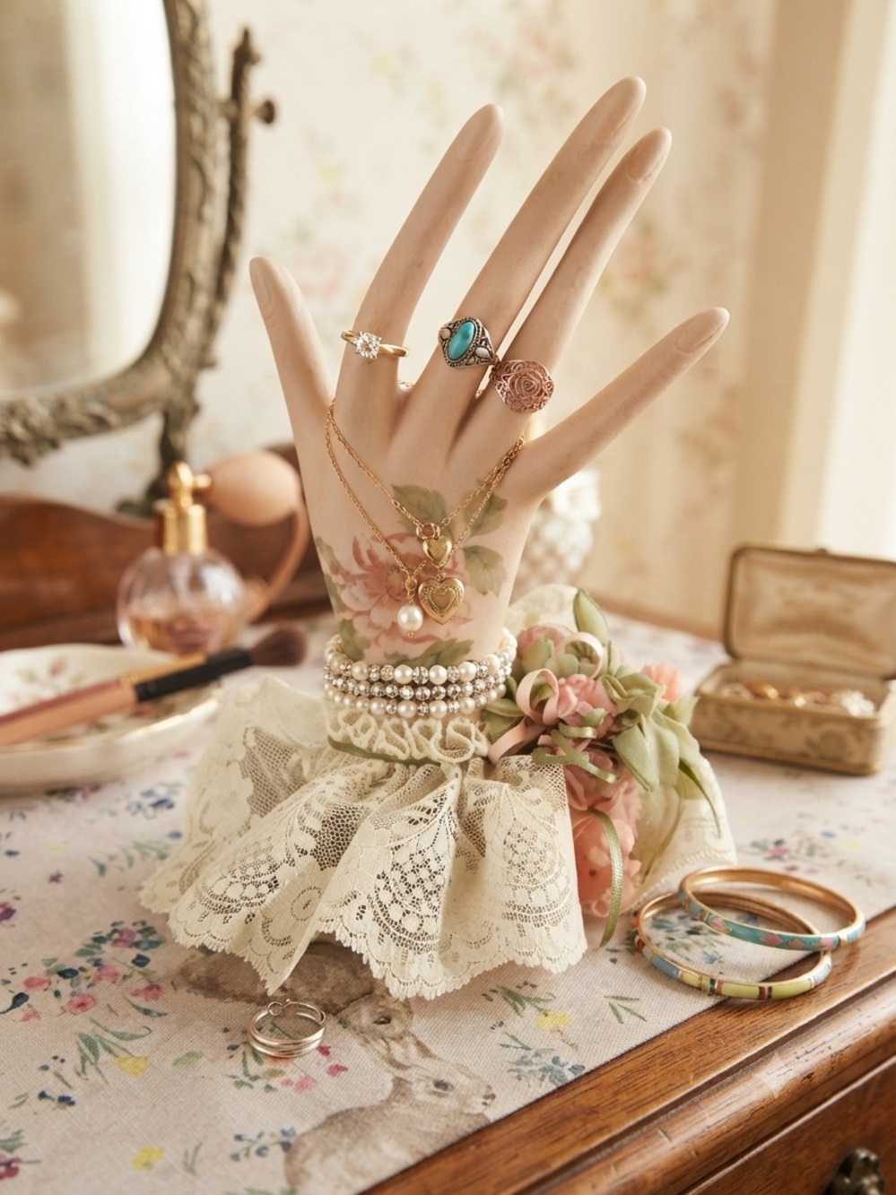 Vintage-Inspired Hand Jewelry Display with Lace Cuff - Cream and Gold Accents